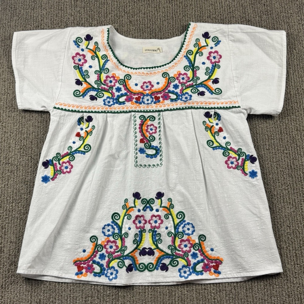 YZXDORWJ Womens S Embroidered Mexican Top Short Sleeve Blouse Peasant White